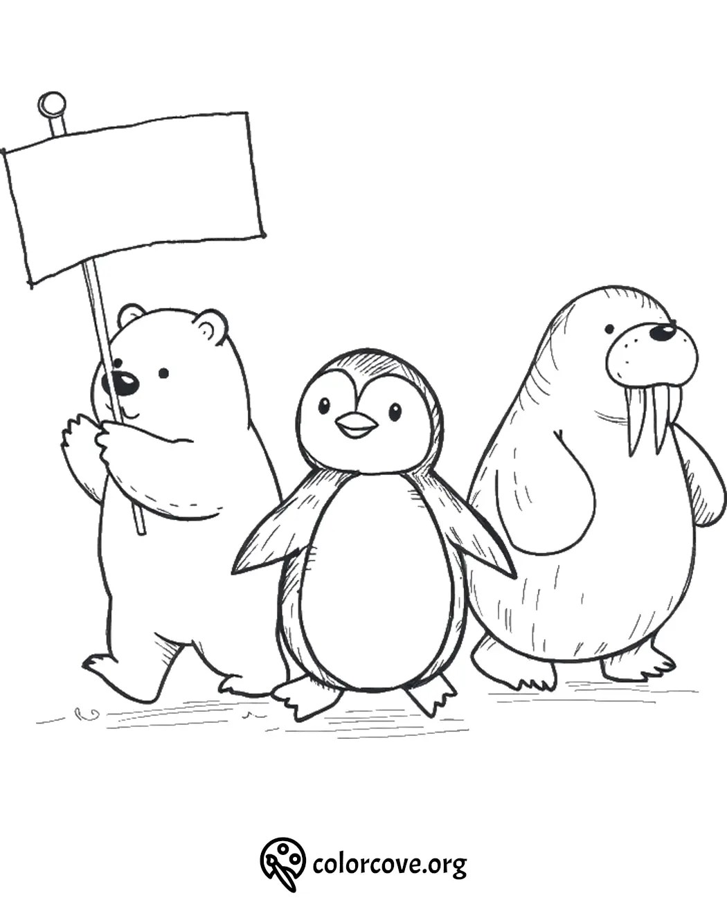 Cute bear, penguin, and walrus coloring page holding a blank sign perfect for children's activities and creativity.