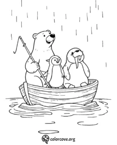 Coloring page with a bear, penguin, and walrus fishing in a boat under rain. Fun animal adventure scene.