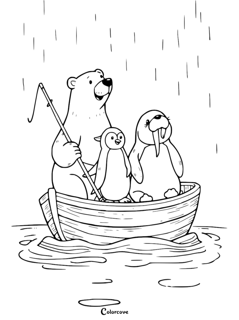 A polar bear, penguin, and walrus fishing in a wooden boat on a rainy day coloring page.