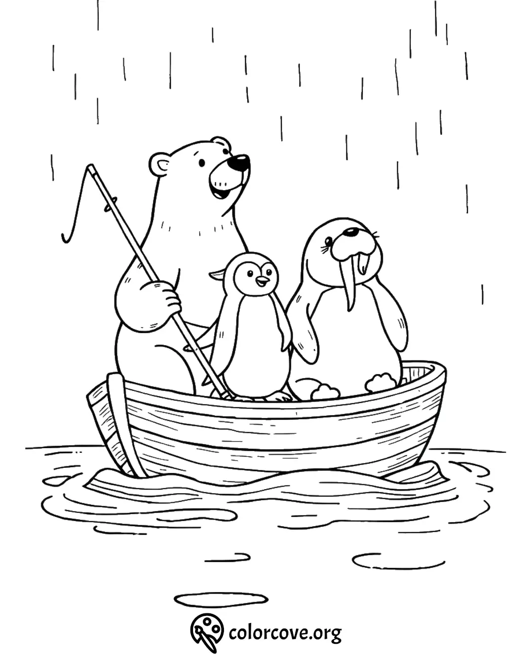 Coloring page with a bear, penguin, and walrus fishing in a boat under rain. Fun animal adventure scene.