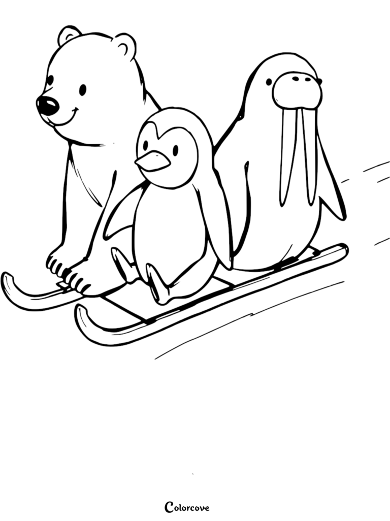A polar bear, penguin, and walrus riding a sled together in this printable Arctic Animals coloring page.