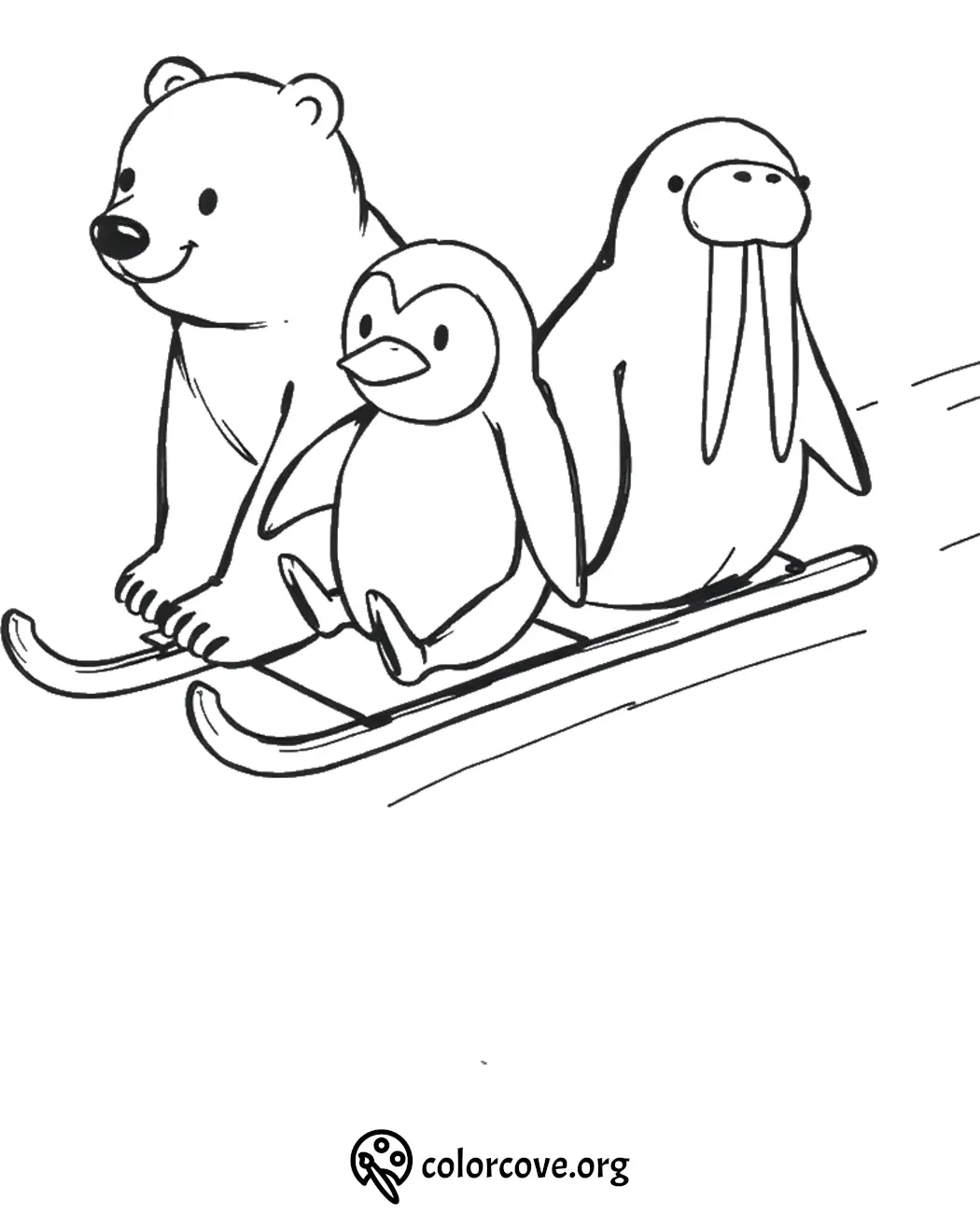 Bear, penguin, and walrus sledding together coloring page for kids. Fun winter activity illustration.