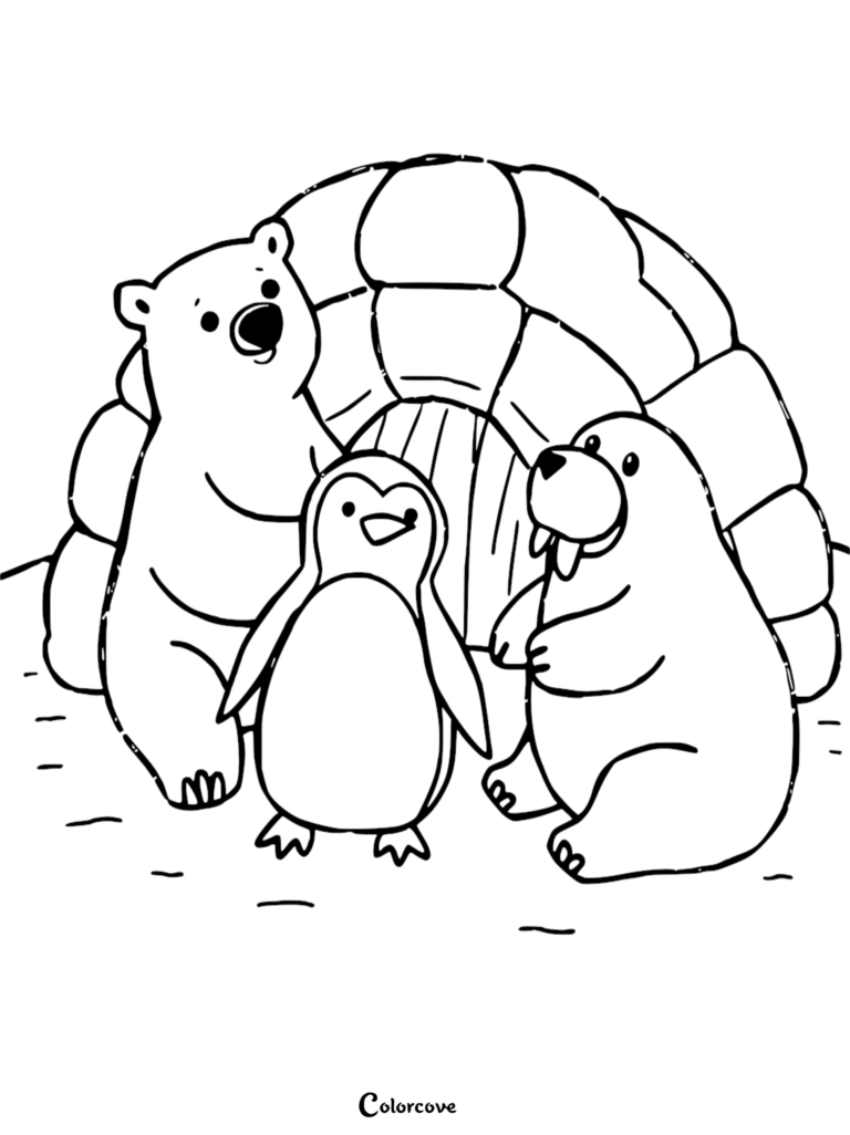 A polar bear, penguin, and walrus standing in front of an igloo on this printable Arctic animals coloring page.