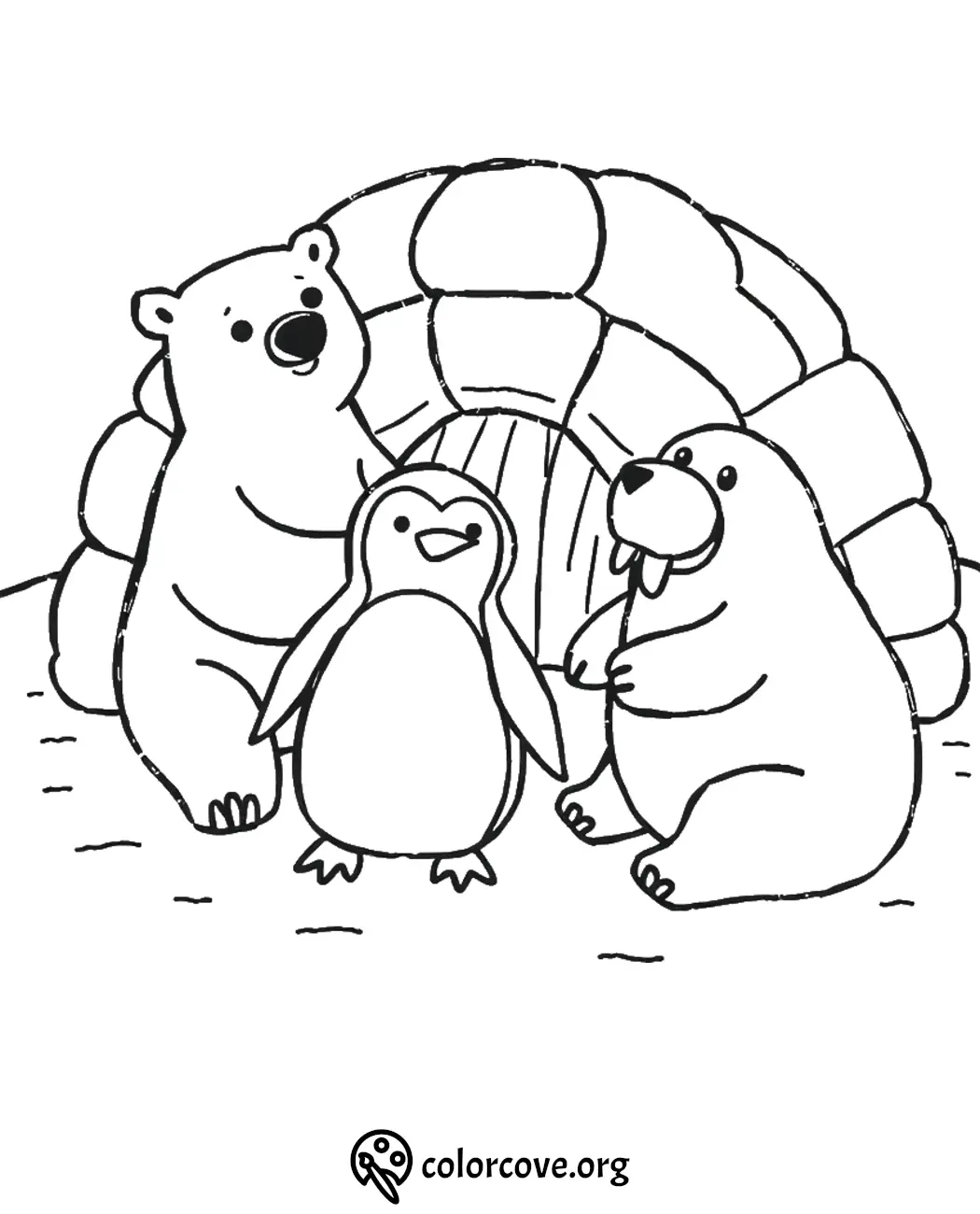 Polar animals coloring page with a penguin, polar bear, and walrus in front of an igloo.