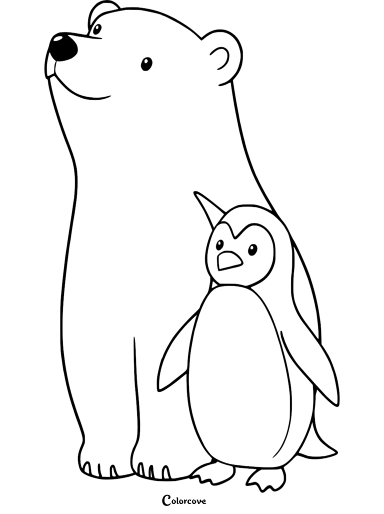 A cute polar bear standing next to a small penguin in this printable Arctic Animals coloring page.
