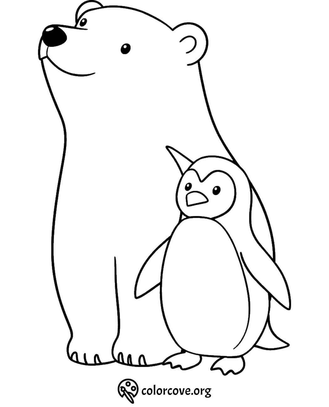 Coloring page of a penguin and polar bear standing together, perfect for kids’ animal coloring activities.