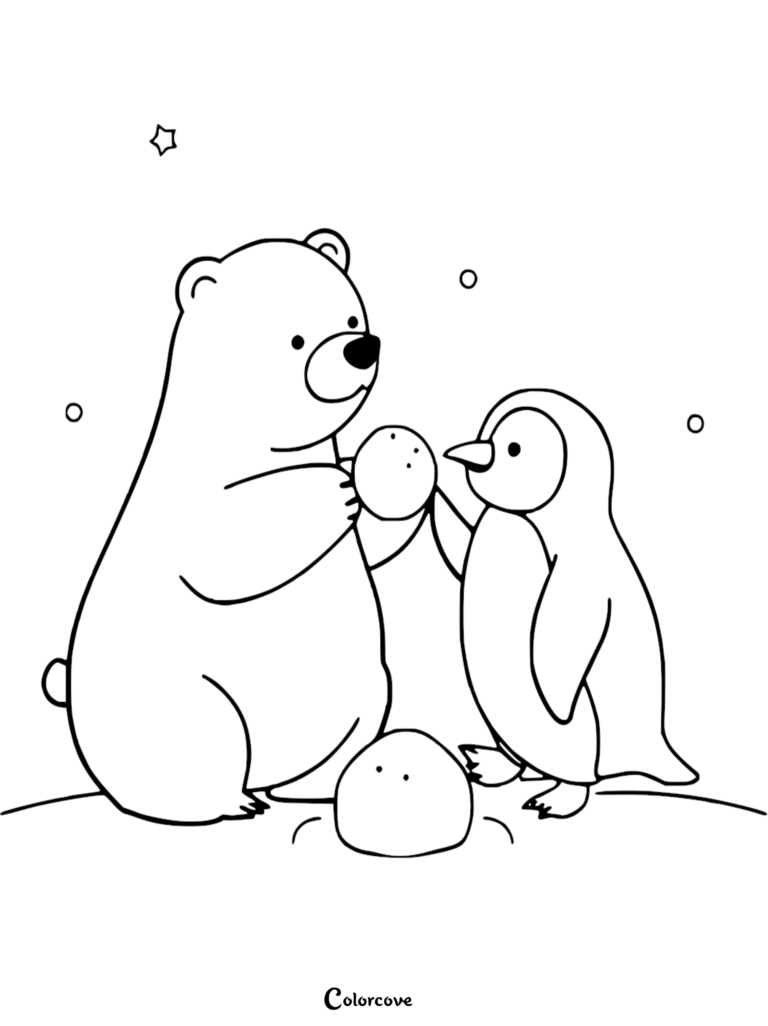 A cute polar bear and penguin playing with a snowball in this printable Arctic animals coloring page.