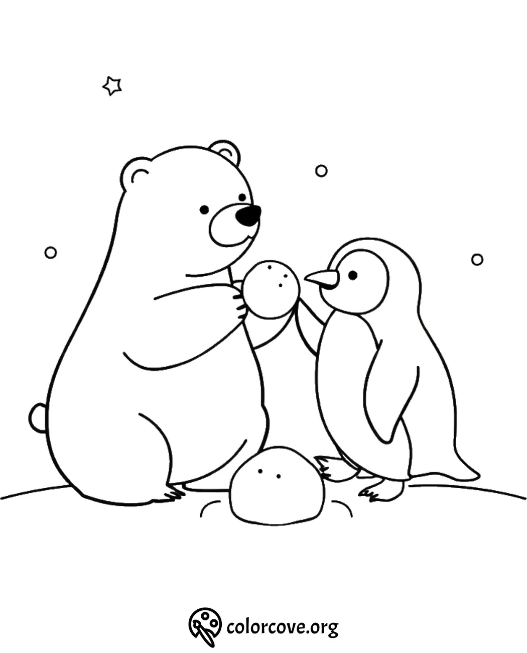 Cute bear and penguin building a snowman coloring page for kids. Perfect for winter fun and creativity.