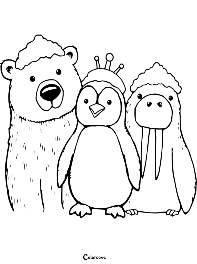 A printable coloring page featuring a polar bear, a penguin wearing a crown, and a walrus standing together.