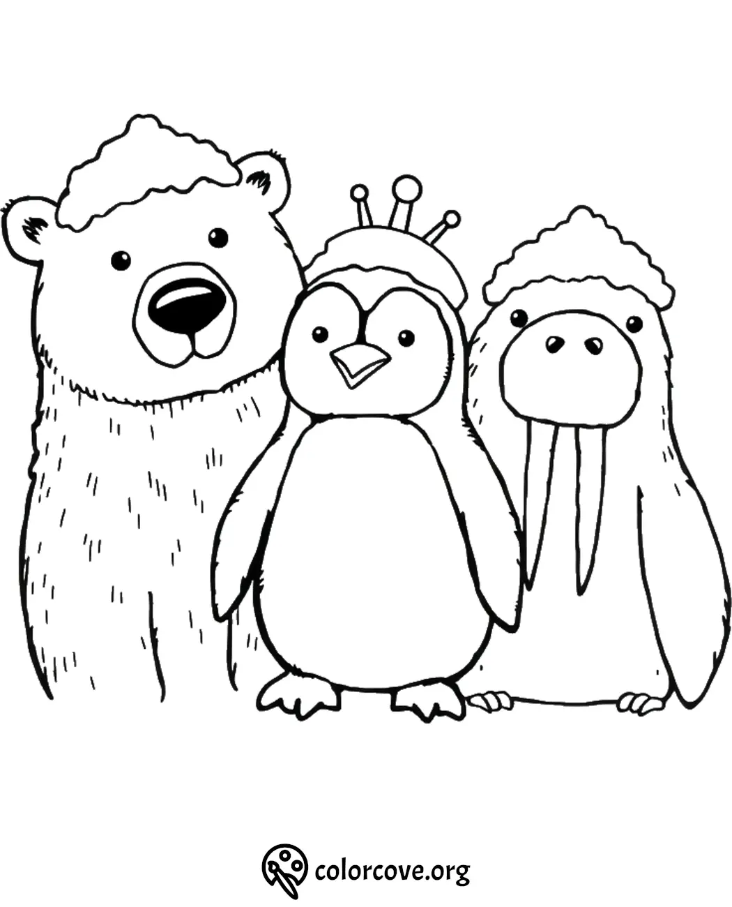 Bear, penguin, and walrus coloring page for kids featuring winter hats and fun animal friends.