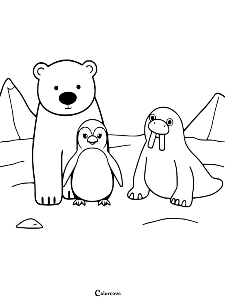 A cute polar bear, penguin, and walrus standing together in a snowy landscape on this printable coloring page.