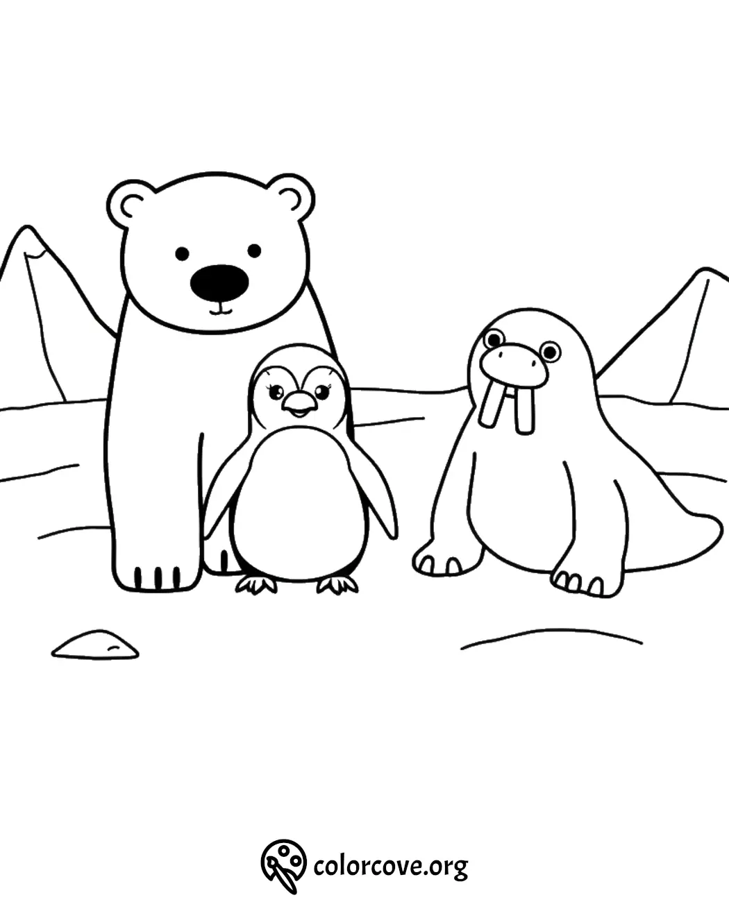 Polar bear, penguin, and walrus in an Arctic-themed coloring page for kids.