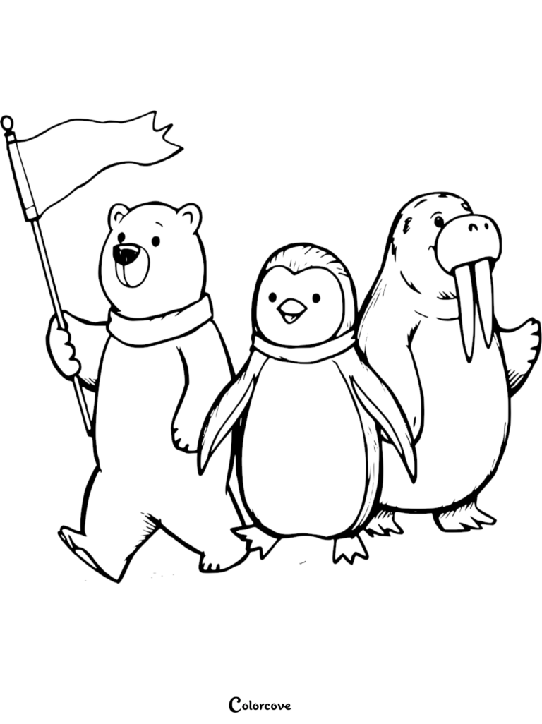 A printable Arctic Animals coloring page featuring a polar bear holding a flag, a penguin, and a walrus walking together.