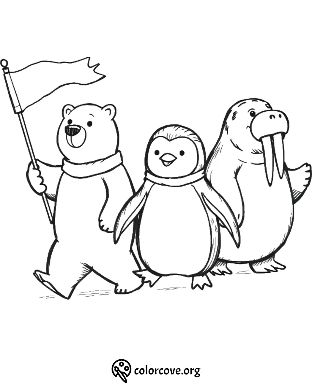 Polar bear, penguin, and walrus coloring page. Perfect for kids' winter-themed artwork and creative fun.