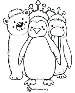 Cute animal trio coloring page featuring a bear, penguin, and walrus with crowns. Perfect for kids' creative fun!