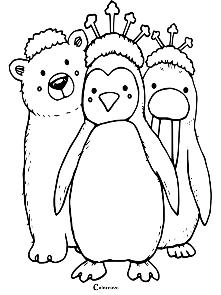 A cute polar bear, penguin, and walrus wearing matching snowflake headbands in this printable Arctic animals coloring page.