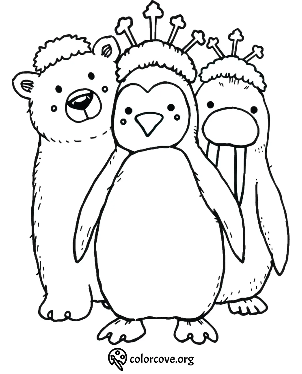 Cute animal trio coloring page featuring a bear, penguin, and walrus with crowns. Perfect for kids' creative fun!