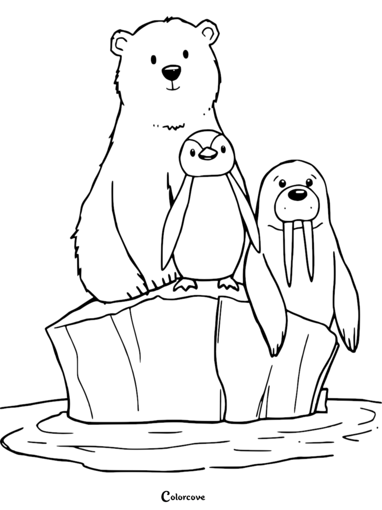 A printable coloring page featuring a polar bear, a penguin, and a walrus standing together on an iceberg.