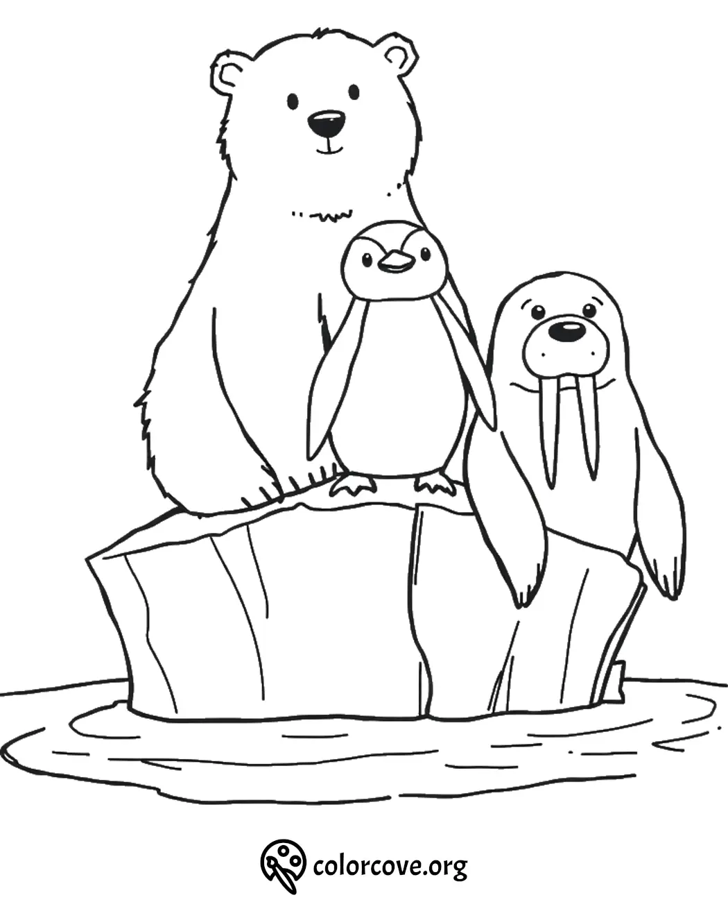 Polar bear, penguin, and walrus on ice coloring page for kids - fun and educational wildlife activity.