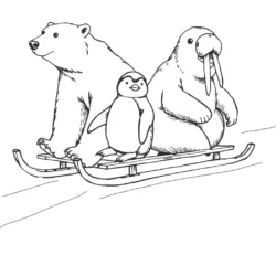 Polar bear, penguin, and walrus sledding together on a fun coloring page adventure.