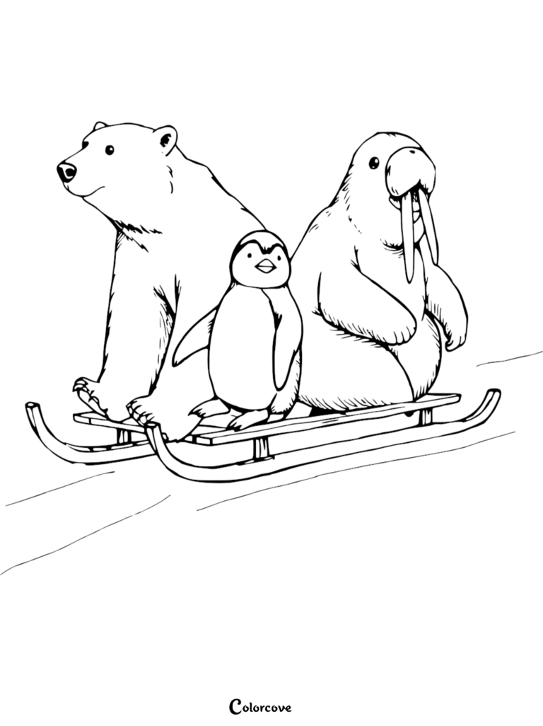 A polar bear, penguin, and walrus riding a wooden sled together in this printable Arctic Animals coloring page.