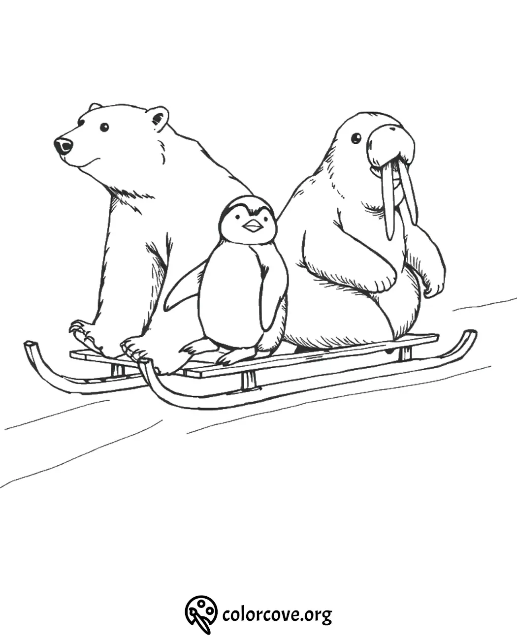 Polar bear, penguin, and walrus sledding together on a fun coloring page adventure.