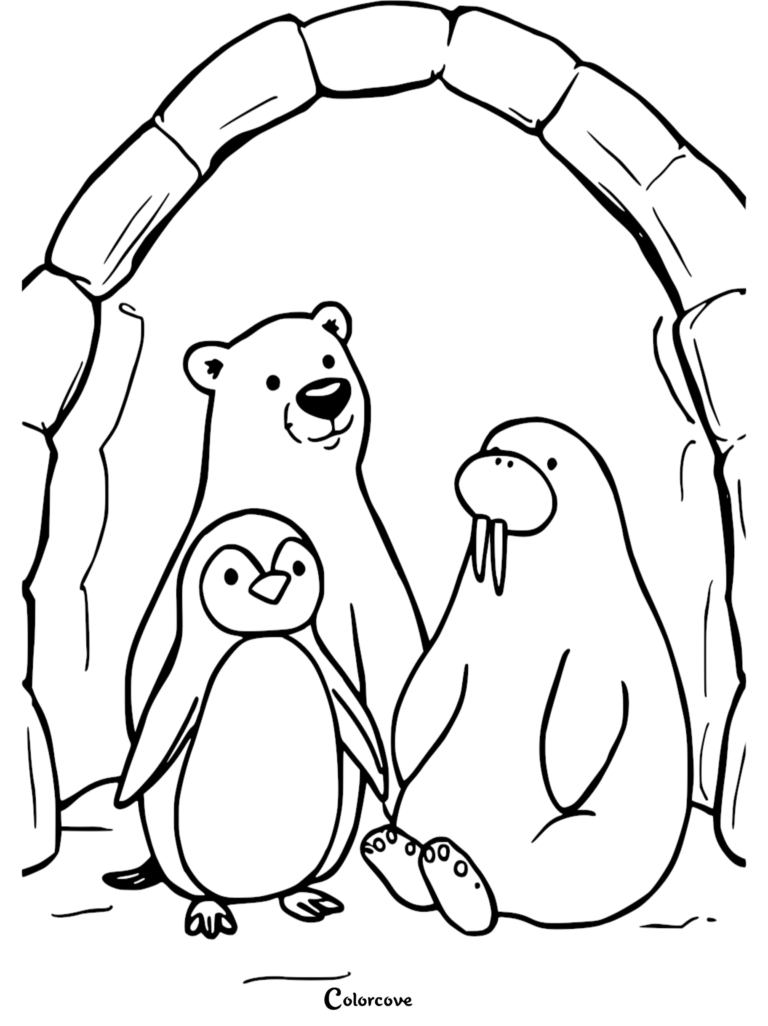 A polar bear, penguin, and walrus standing inside an igloo entrance in this Arctic animals coloring page.