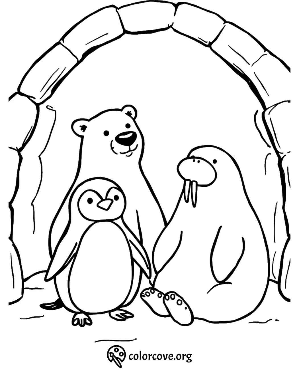 Penguin, polar bear, and walrus in an igloo coloring page from ColorCove.org. Perfect for kids' creative activities.