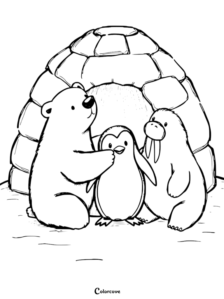 A polar bear, penguin, and walrus standing together in front of an igloo in this free printable Arctic Animals coloring page.