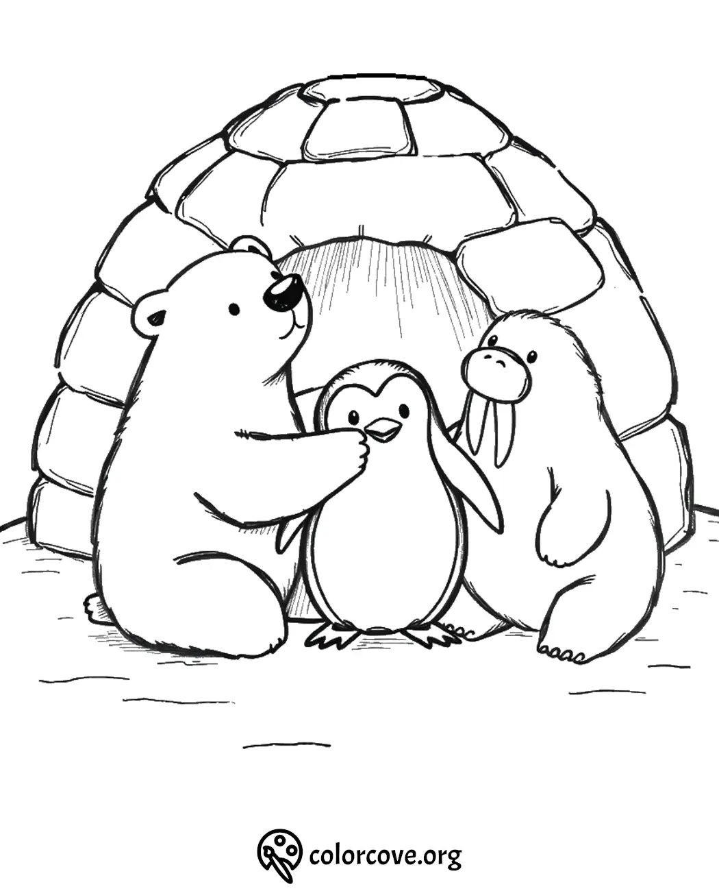 Polar bear, penguin, and walrus coloring page by igloo - Arctic friends coloring activity for kids.