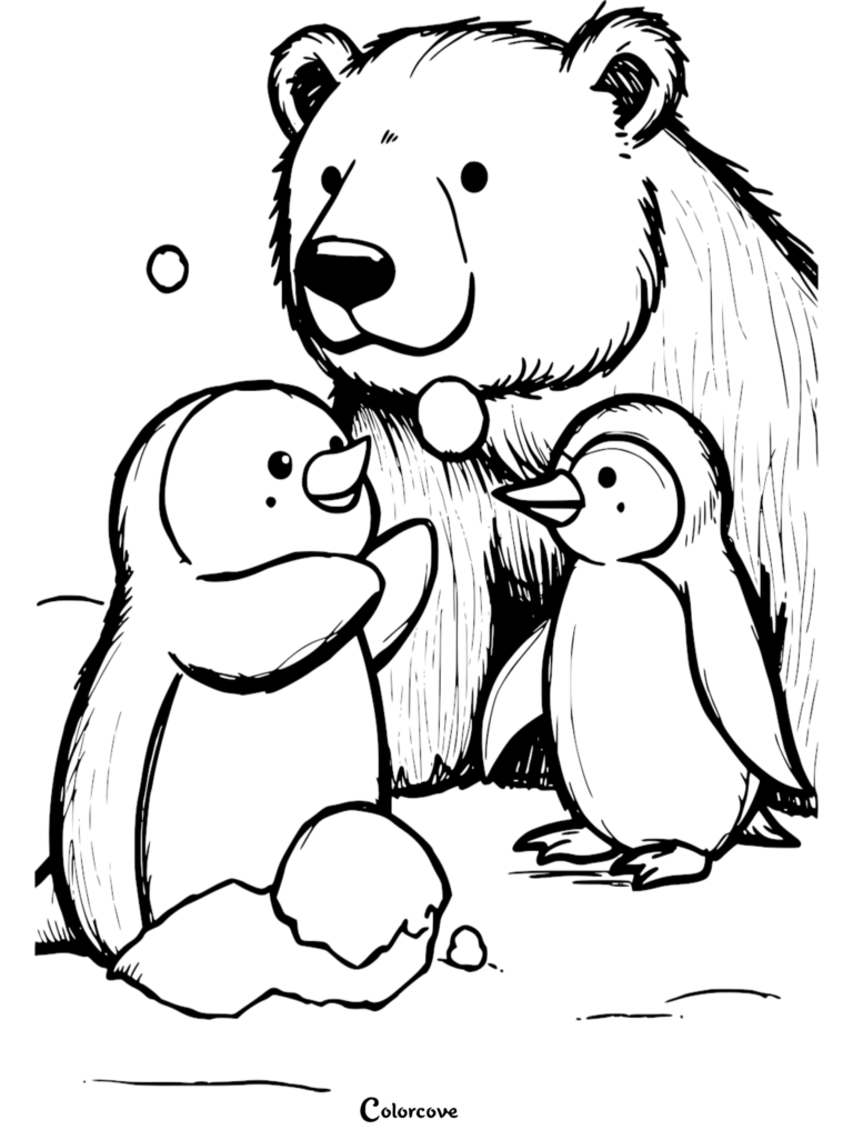 A friendly polar bear standing behind two cute penguins in a snowy scene coloring page.