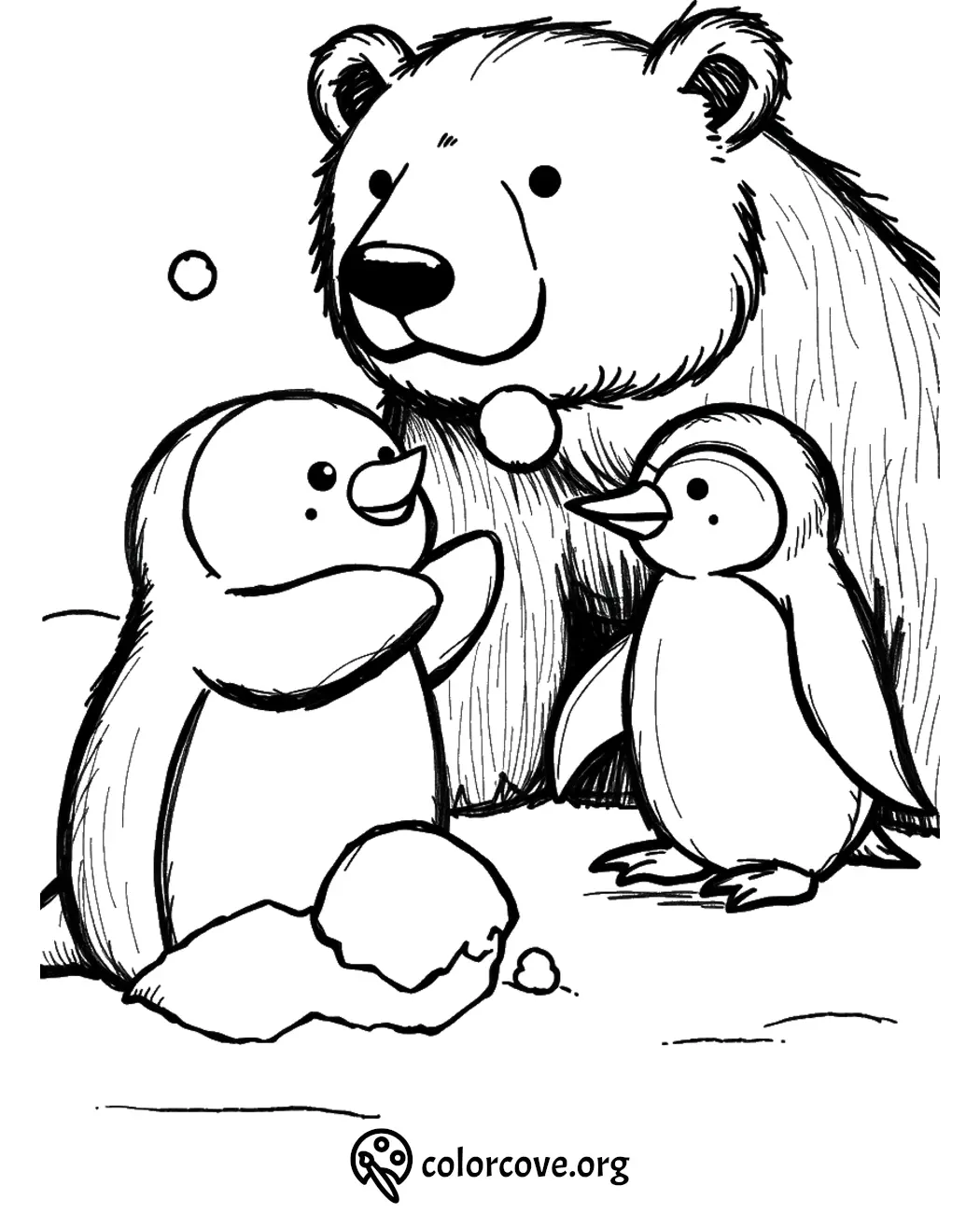 Cute bear and penguins playing in the snow coloring page. Perfect for kids' activities and winter fun.