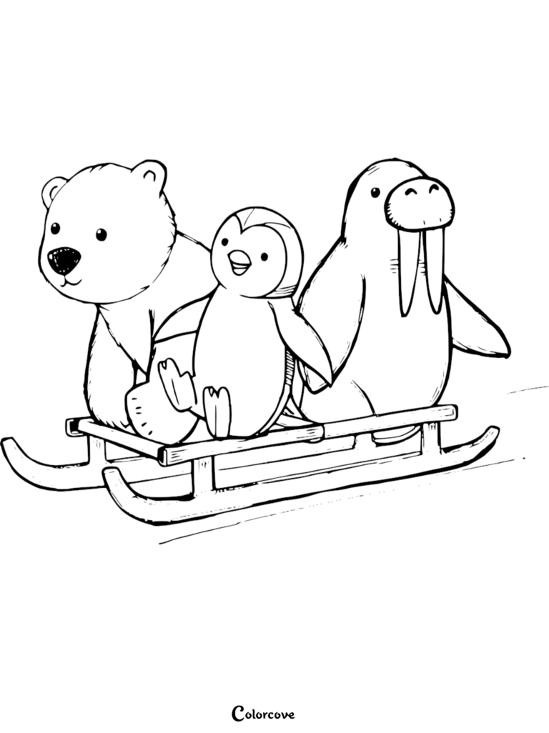 A polar bear, penguin, and walrus riding a wooden sled together in this printable Arctic animals coloring page.