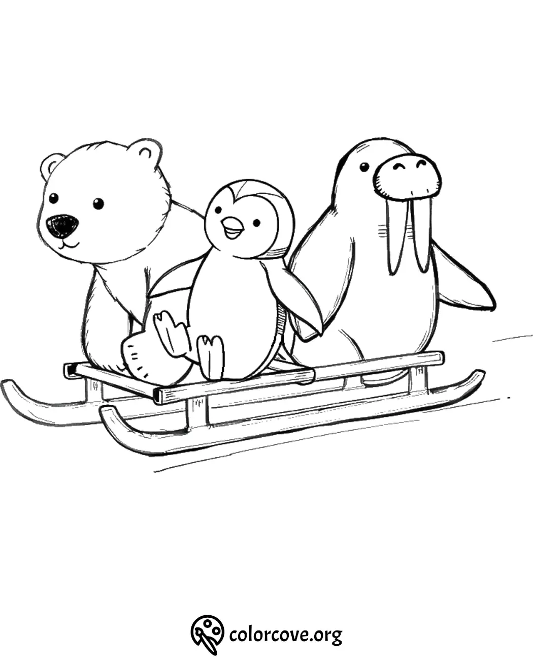 Polar bear, penguin, and walrus sledding coloring page - fun winter activities for kids.