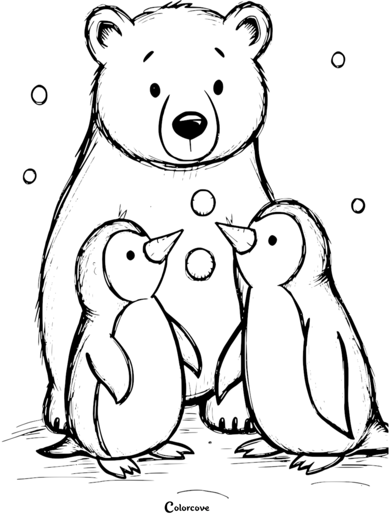 A cute polar bear standing with two penguins in a snowy scene coloring page.
