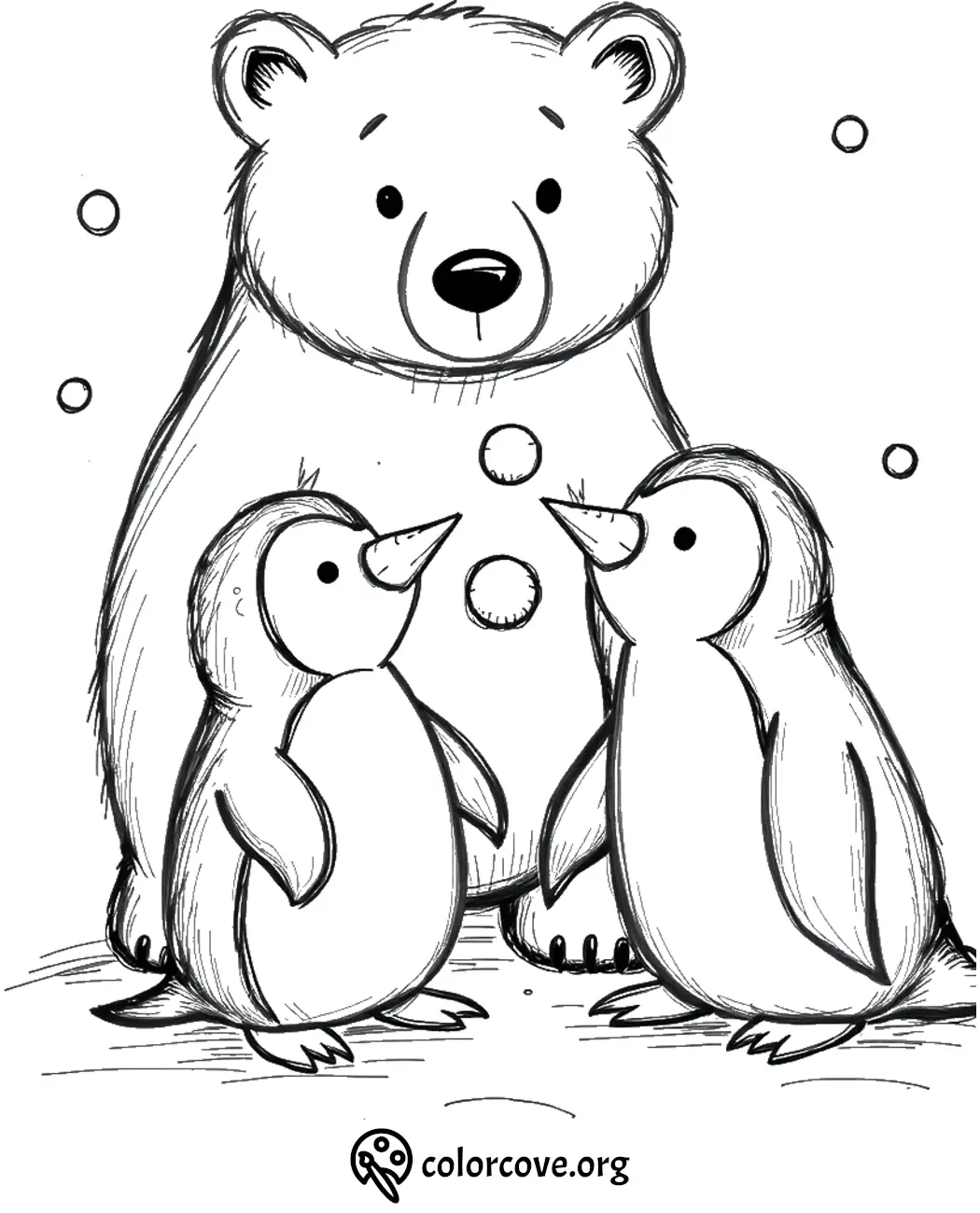 Cute bear and two penguins coloring page with snowflakes for kids.