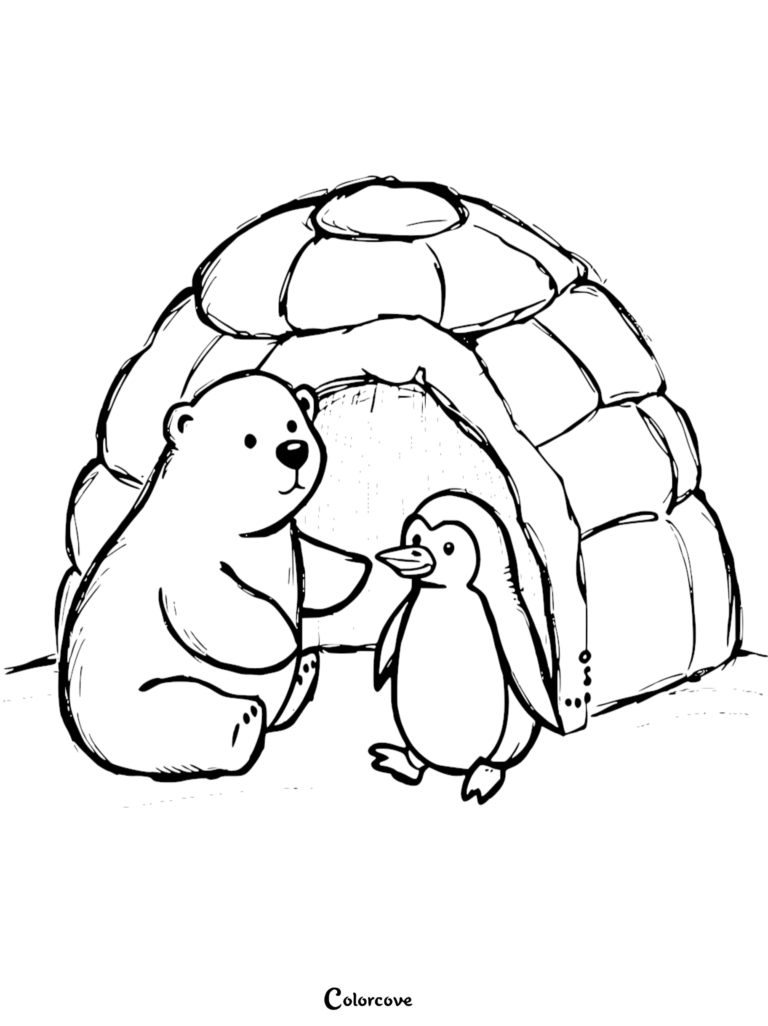 A cute polar bear and penguin sitting together in front of an igloo in this Arctic Animals coloring page.