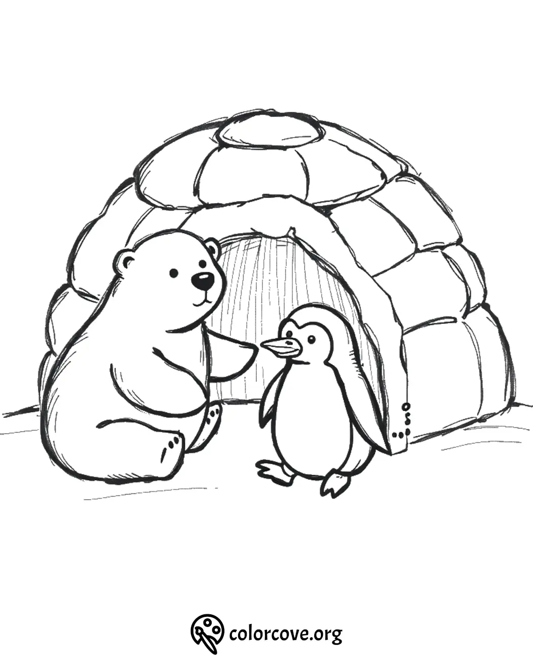 Polar bear and penguin coloring page with igloo background, designed for kids' creativity from ColorCove.