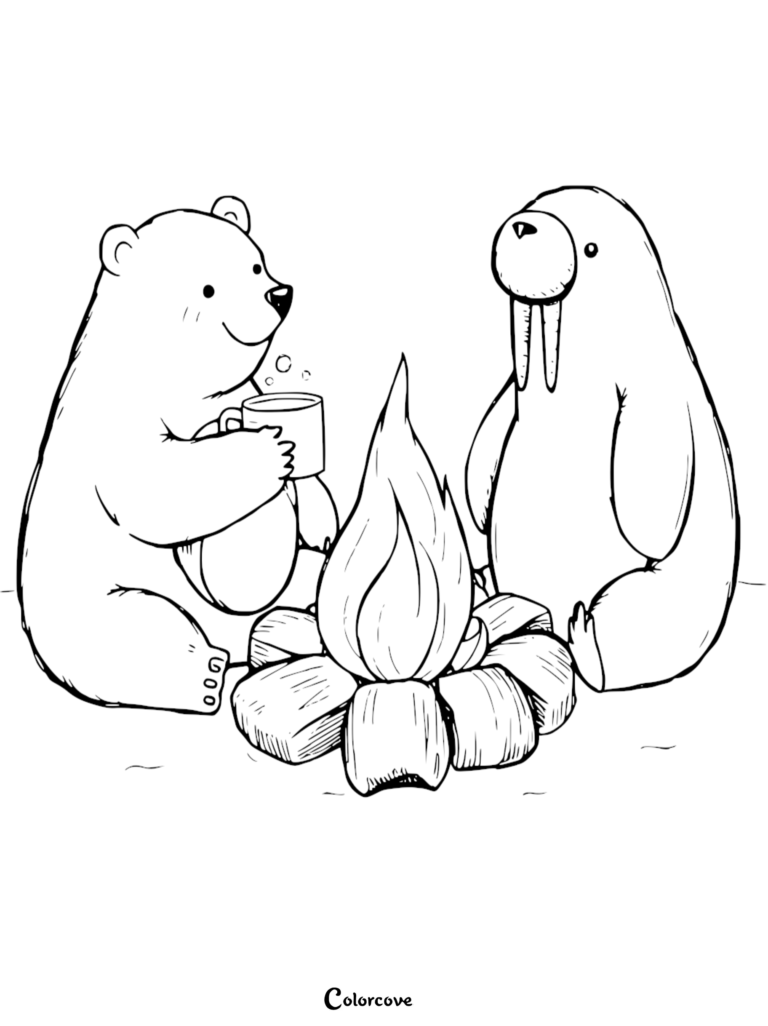 A cute polar bear holding a mug and a walrus sitting together by a campfire in this Arctic animals coloring page.