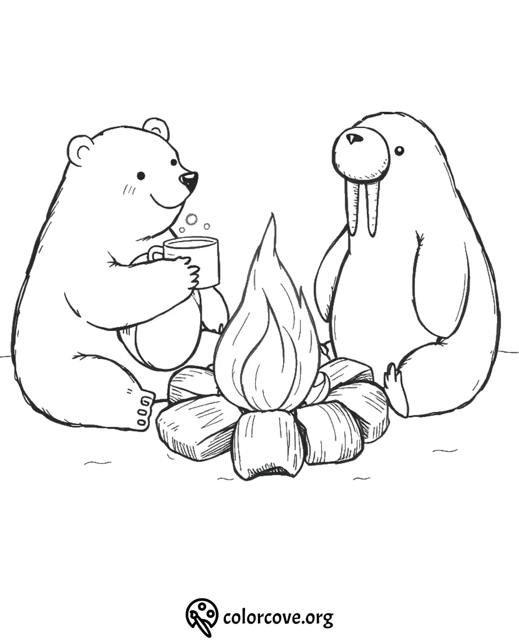 Polar bear and walrus coloring page by campfire, holding mugs. Winter scene for kids' coloring fun.