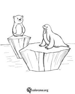 Cute bear and walrus on icebergs coloring page for kids. Fun printable animal scene for creative coloring activities.