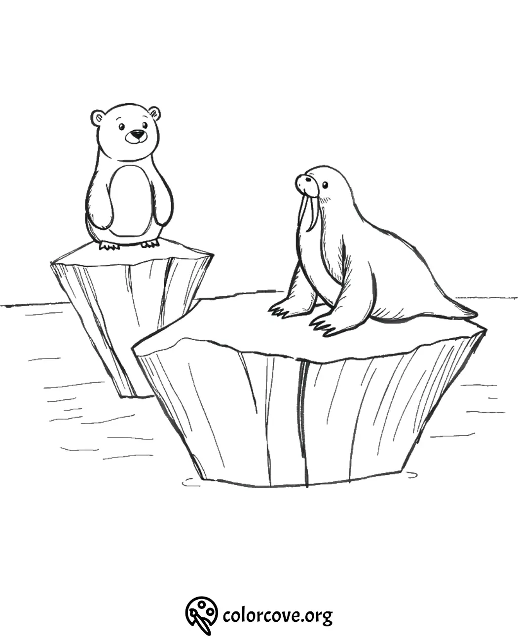 Cute bear and walrus on icebergs coloring page for kids. Fun printable animal scene for creative coloring activities.