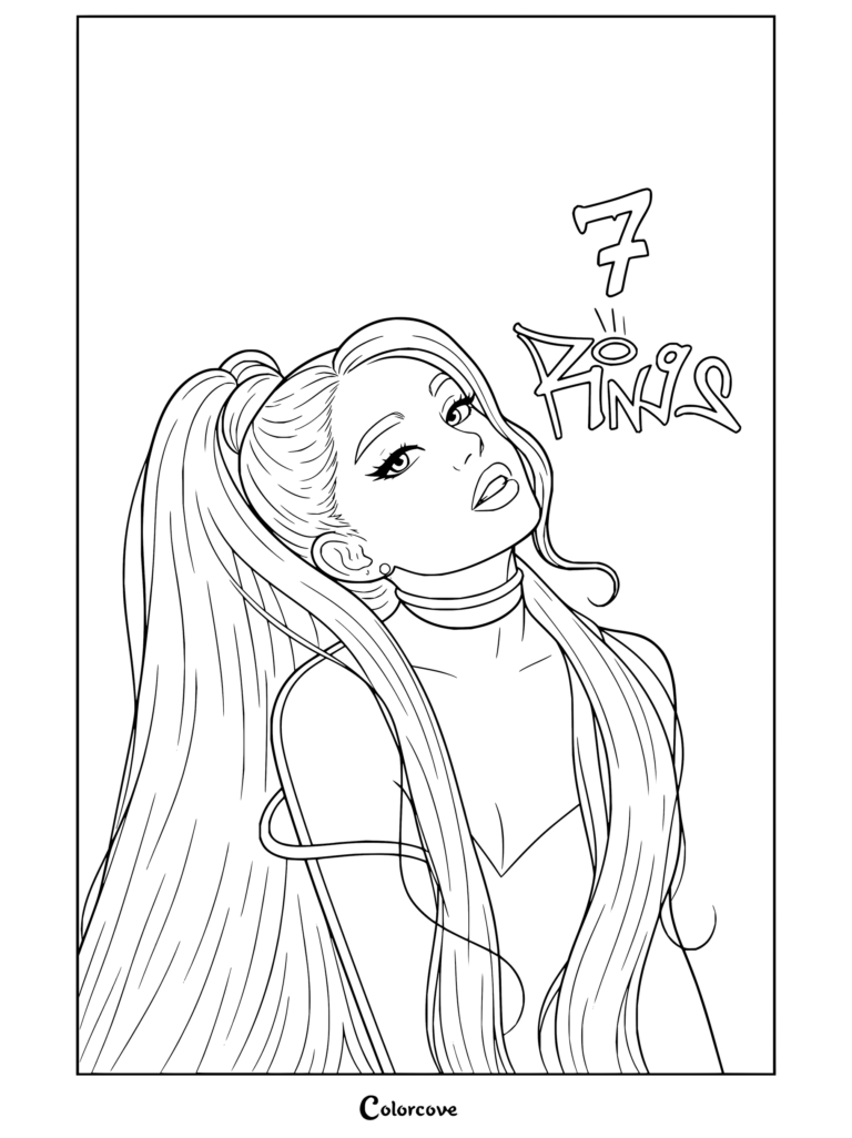 Coloriage pour les fans avec une illustration esthétique rose d'Ariana Grande dans 7 Rings