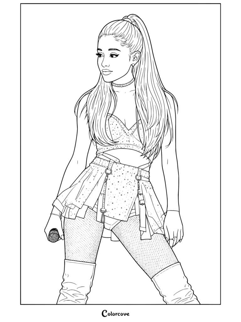 Coloriage d'Ariana Grande sur scène vêtue d'une tenue rose
