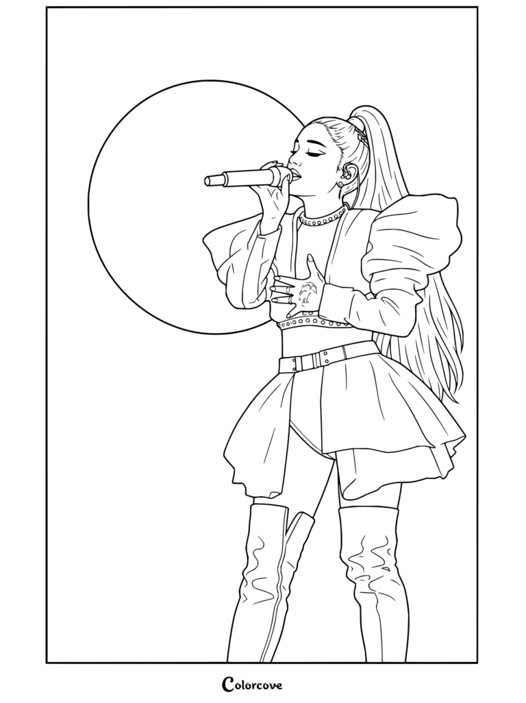Coloriage à imprimer d'Ariana Grande chantant dans un micro en tenue rose devant une pleine lune.