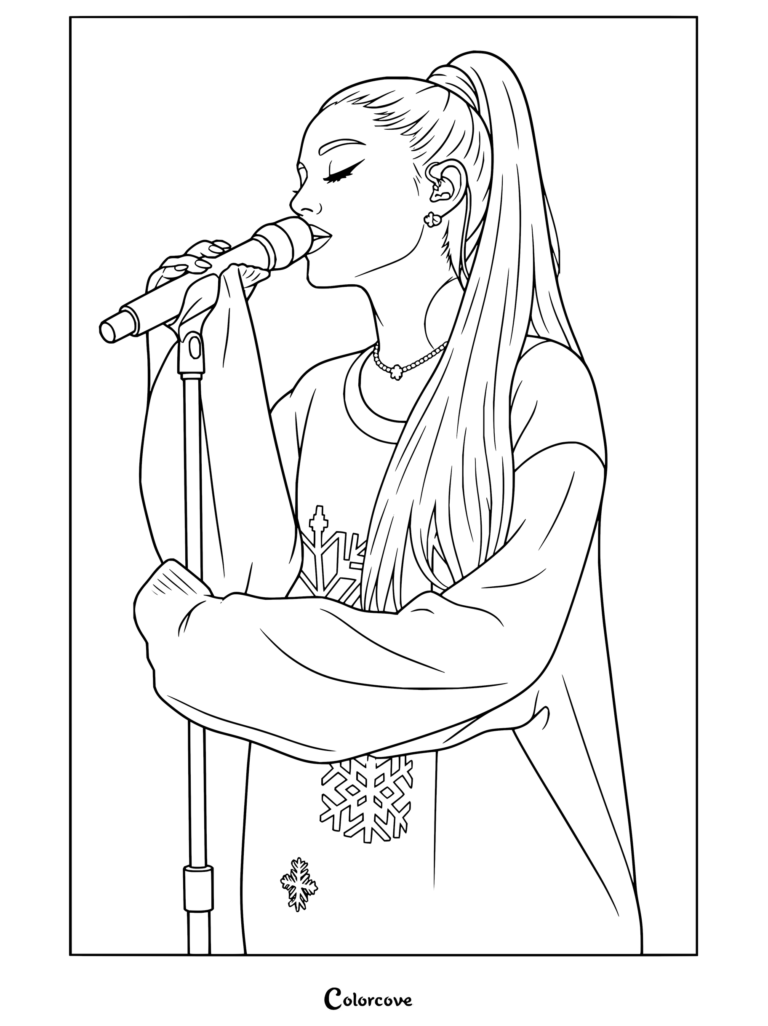 Coloriage d'Ariana Grande chantant sur scène avec un micro et portant un pull rouge