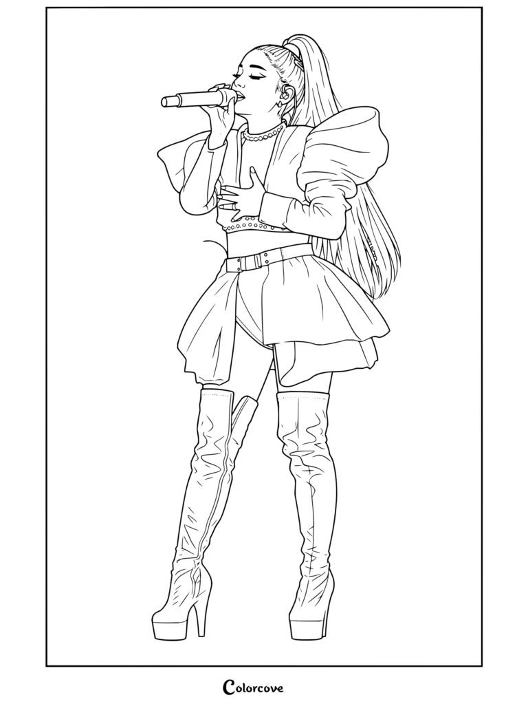 Coloriage d'Ariana Grande chantant dans un micro dans une tenue à manches bouffantes et des cuissardes