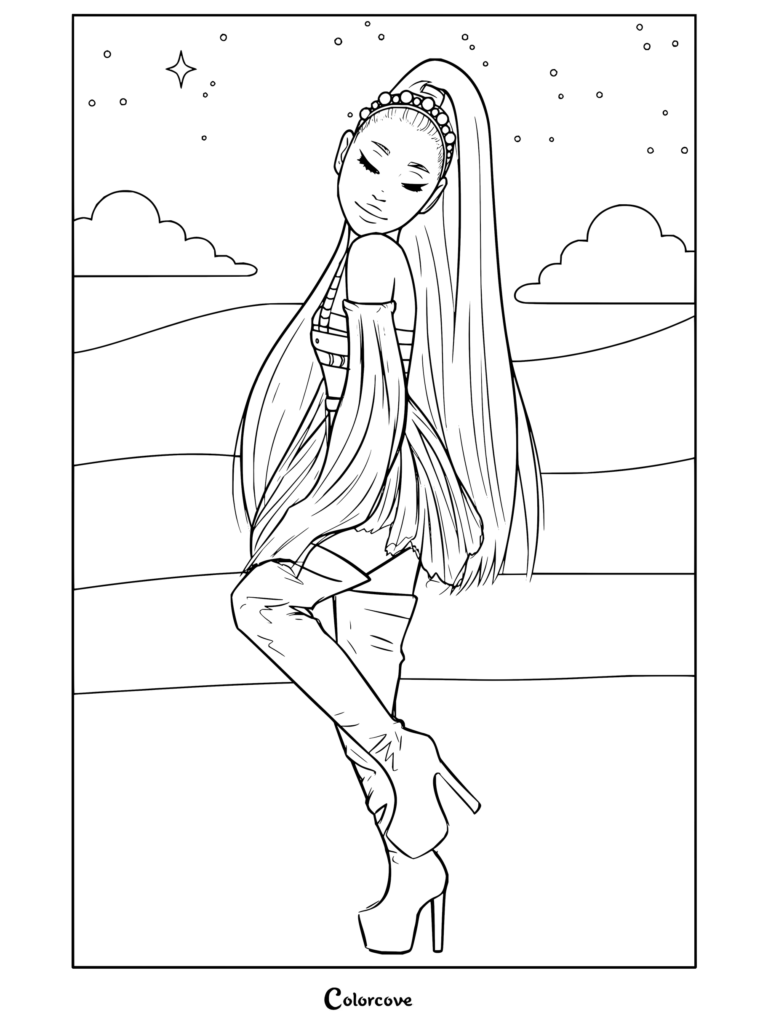 Coloriage d'Ariana Grande durant l'ère Sweetener en tenue pastel et serre-tête en perles, montrant la pop star en bottes à plateforme sous un ciel étoilé.