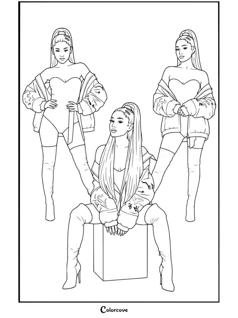 Coloriage collage de la tournée Sweetener d'Ariana Grande en tenue rose, montrant trois poses élégantes avec des cuissardes et des vestes