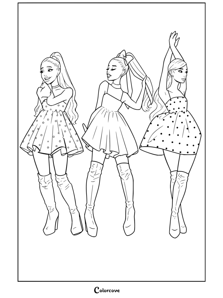 Coloriage à imprimer d'Ariana Grande portant trois robes à pois différentes et des cuissardes.